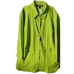 Linear Blouse Size 3X Button Green 3/4 Sleeve Linen Blend New